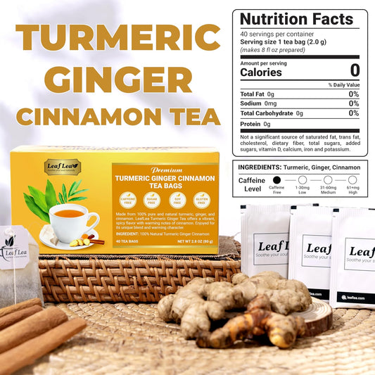 LeafLea Ginger Turmeric Tea, 120 Ct Caffeine-Free Herbal Tea Bags, 3 Boxes | Individually Foil-Wrapped Sachets, 120-Bag Bulk Value, Turmeric Ginger Cinnamon Blend, Supports Digestion, No Sugar, Vegan