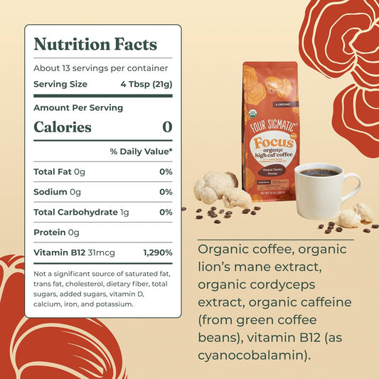 Four Sigmatic Focus Max High Caffeine Cordyceps Coffee | Organic Dark Roast High Caffeine Ground Coffee with Cordyceps, Lion's Mane and B12 | Energy Booster Without the Jitters | 10oz Bag