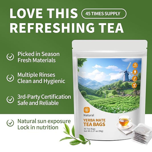 Yerba Mate Tea Bags 45 Tea Bags Organic -Supports Cardiovascular & Digestive Systems, Keep youth,with Madein.