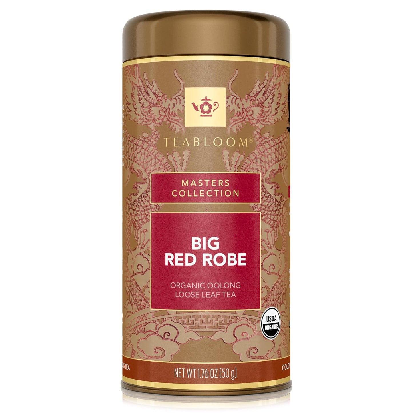 Teabloom USDA Organic Big Red Robe Oolong Loose Leaf Tea, Full-bodied Velvety Smooth Texture with Floral and Fruity Notes, 1.76 oz/50 g Canister Makes 35-50 Cups