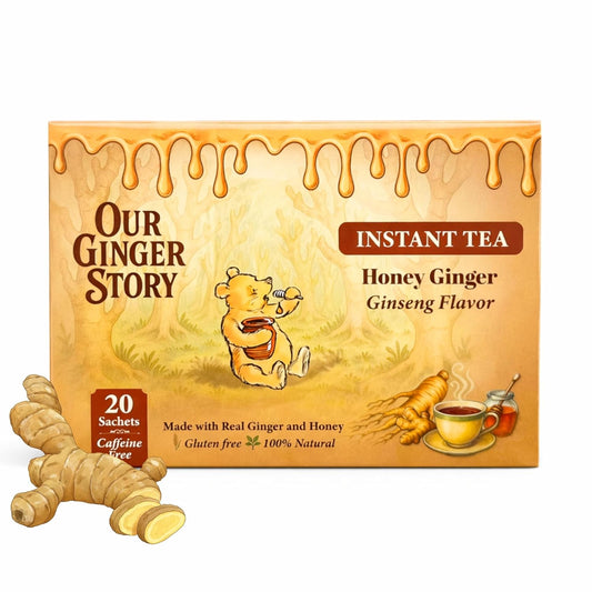 Premium Honey Ginger Instant Tea Crystals, With Ginseng 20 Sachets Real Ginger Real Honey Pure Cane Sugar Caffeine Free Hot Or Cold Single Serve Drink Mix
