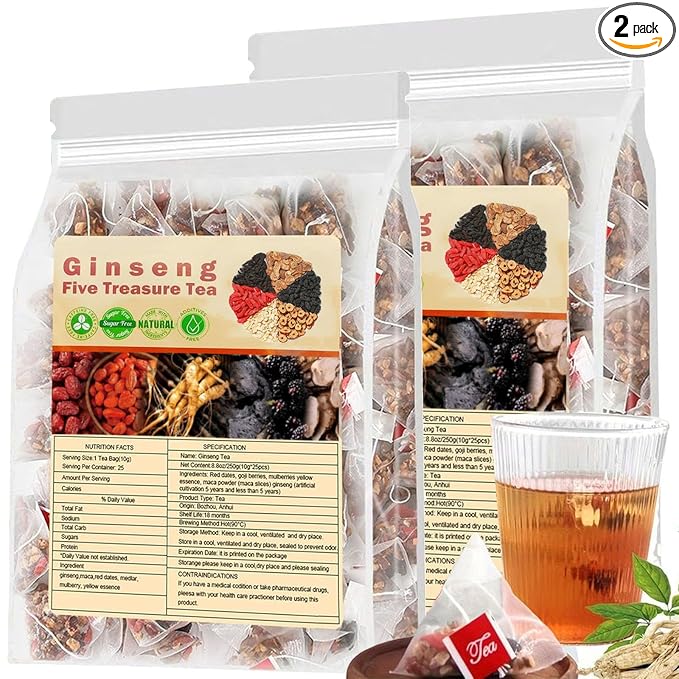 Ginseng Five Treasure Tea - Kidney Tea Wubao Tea, Kidney Tea Formula Ginseng Five Treasure Tea, Kidney Cleanse Tea Chinese Tea for Men Women (2Pack(50Bags))