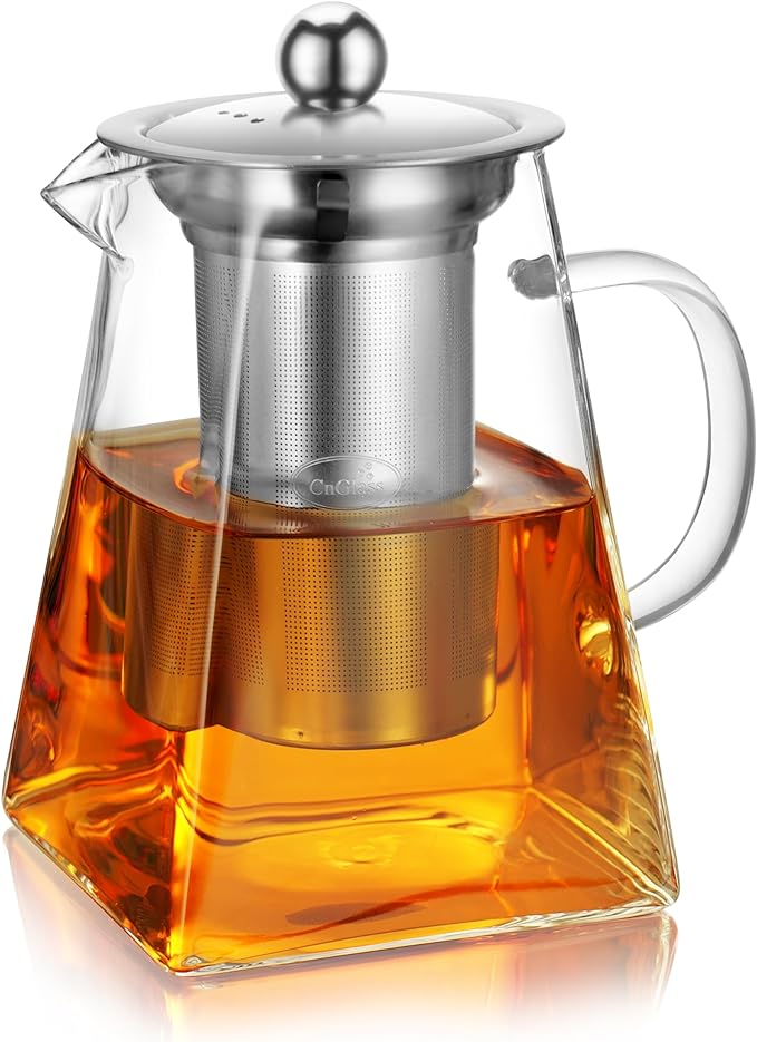 CNGLASS Glass Teapot with Infuser,31oz Clear Glass Tea Kettle with Removable Stainless Steel Straine