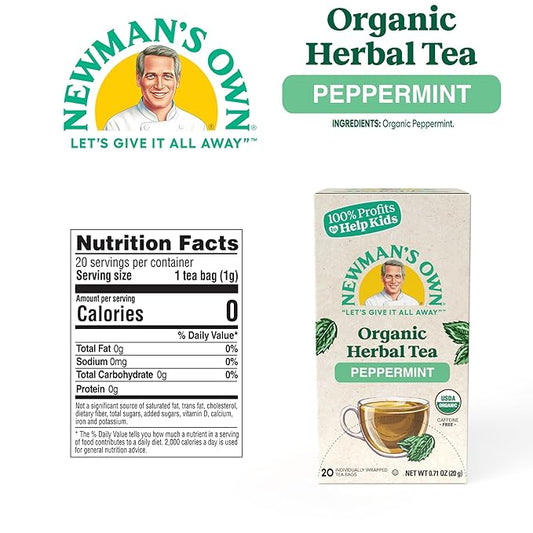 Newman's Own Organic Peppermint Tea Caffeine Free Refreshing Mint Herbal That May Aid Digestion with 20 Individually Wrapped Bags Per Box USDA