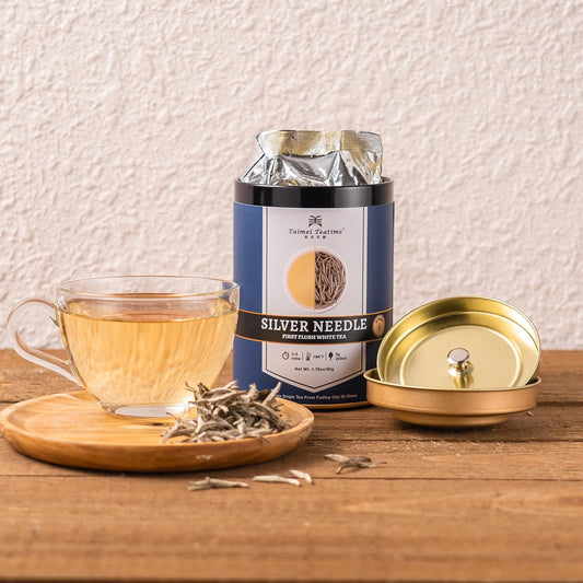 Taimei Teatime Royal Grade Silver Needle White Tea Loose Leaf-1.76oz | Chinese Fuding - Bai Hao Yin Zhen Tea, Low Caffeine, High Antioxidant, Perfect for Hot or Iced Tea