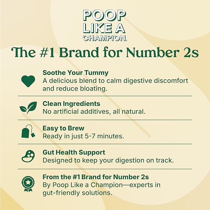 Poop Like A Champion Tummy Soother Lemon Ginger Tea, 30 Bags, Digestive Herbal Tea for Soothing Relief, Ginger Lemon Tea Bags, Organic Ingredients