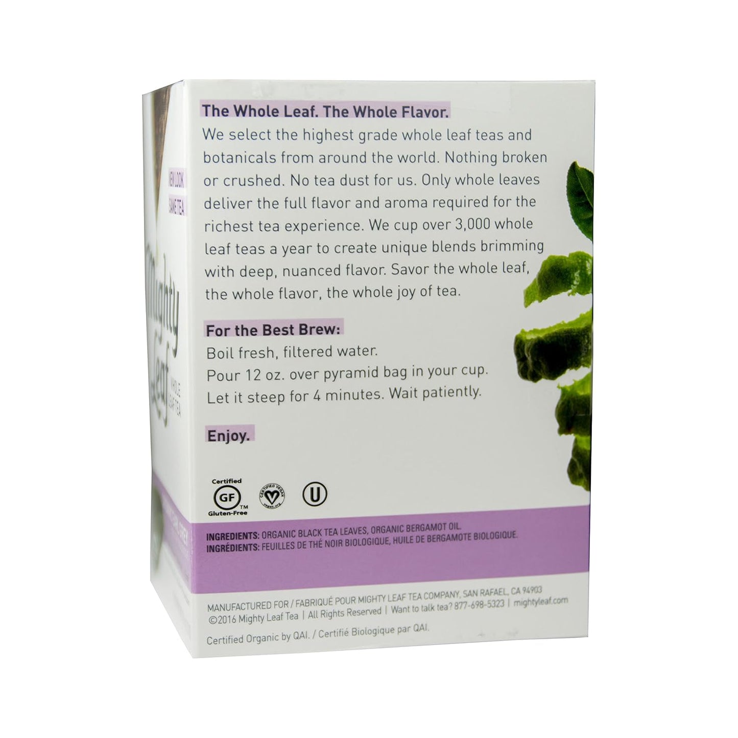 Mighty Leaf Whole Leaf, Tea Organic Earl Grey, 15 Tea Bags Individual Pyramid-Style Tea Sachets of Organic Caffeinated Black Tea with Organic Bergamot, Delicious Hot or Iced