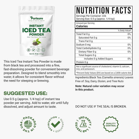 Purisure Unsweetened Instant Black Iced Tea Powder – Made from Real Tea Leaves, No Lemon Flavor, Sugarless, Zero- Calories, Dissolves in Cold Water, Makes Up to 220 plus Servings, 4 oz