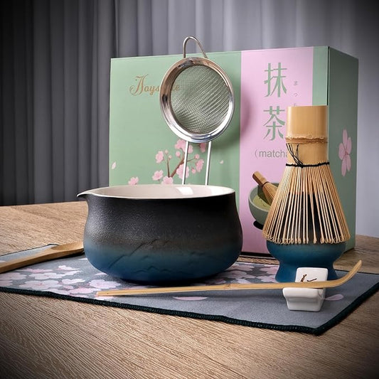 Joyscale Matcha Whisk Set, Matcha Set Whisk And Bowl, 8 Pcs Matcha Kit Set(Distant Mountains Design), 18 OZ, Japanese Matcha Tea Set, Matcha Making Kit Gifts for Tea Lovers(Black Blue)