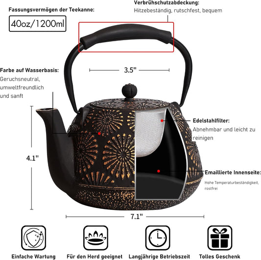 Cast Iron Teapot, 40oz Tea Kettle with Infuser for Stove Top, Sakura Design Japanese Tea Pot for Tea&Coffee Coated with Enameled Interior, Silicone Handle 1200ml black