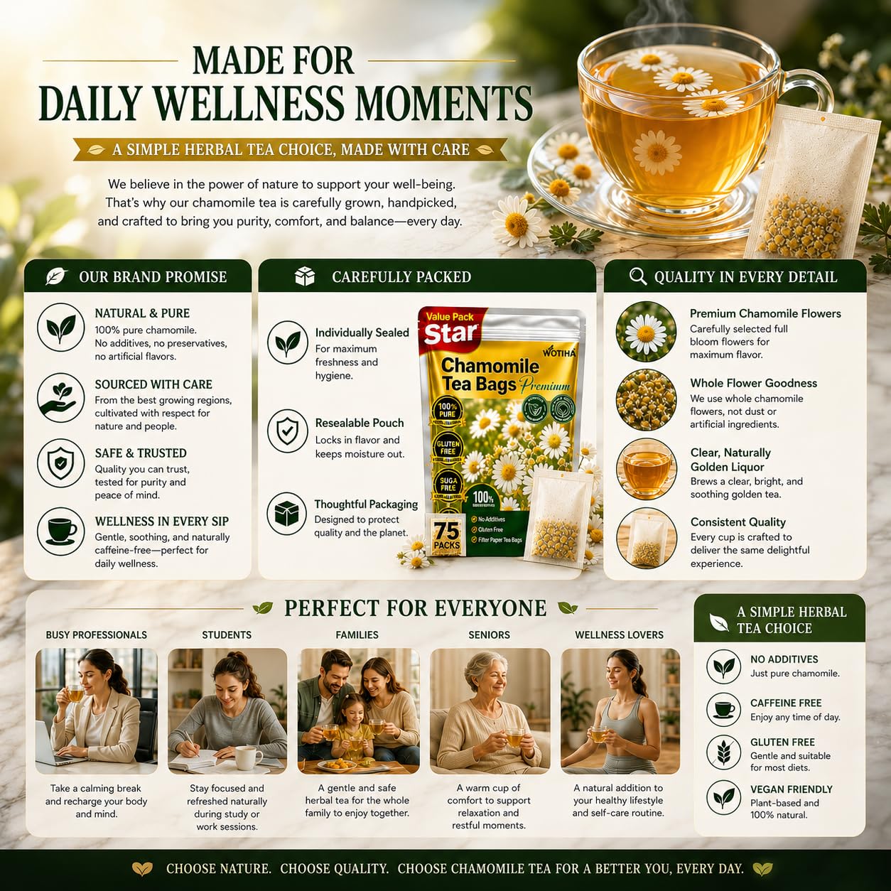 WOTIHA Chamomile Tea Bags, Pure Chamomile Flowers, Caffeine-Free, 75 Count | Chamomile flower herbal tea for evening and bedtime routines; caffeine-free, sugar-free, additive-free, vegan and Non-GMO.
