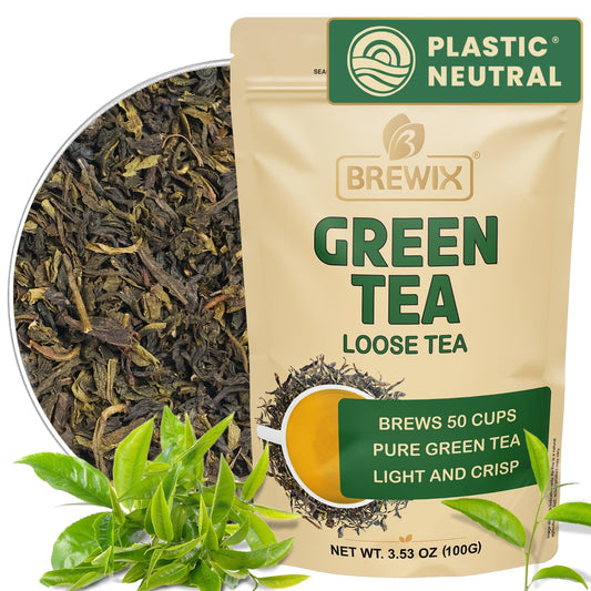BREWIX, Green Tea Loose Leaf (50+ Cups, 3.53oz/100g) Gluten Free I High Elevation Grown Green Tea Leaves | Pure Single Origin Sourced Direct from India