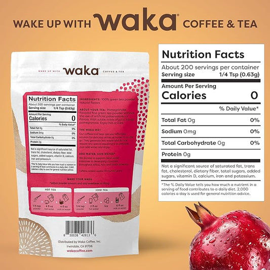 Waka Instant Green Tea Mix, Pomegranate Flavored - 100% Tea Leaves, No Additives, Unsweetened Tea Powder in Bulk Pouch – Easy Quick Hot and Iced Teas, Up to 200 Cups (4.5oz)
