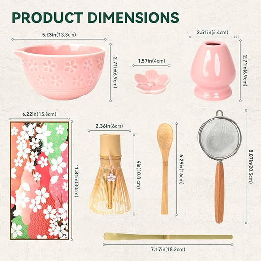 Sakura Matcha Whisk Set, 8 PCS Japanese-Style Matcha Kit with Cherry Blossom Matcha Bowl, Bamboo Whisk & Holder, Scoop, Spoon Rest