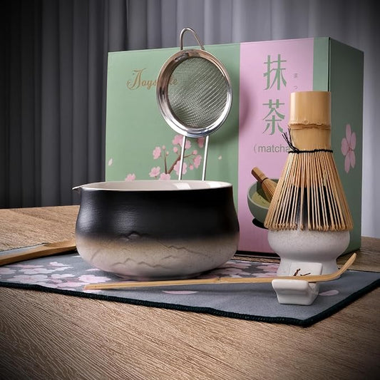 Joyscale Matcha Whisk Set, Matcha Set Whisk And Bowl, 8 Pcs Matcha Kit Set(Distant Mountains Design), 18 OZ, Japanese Matcha Tea Set, Matcha Making Kit Gifts for Tea Lovers(Black White)