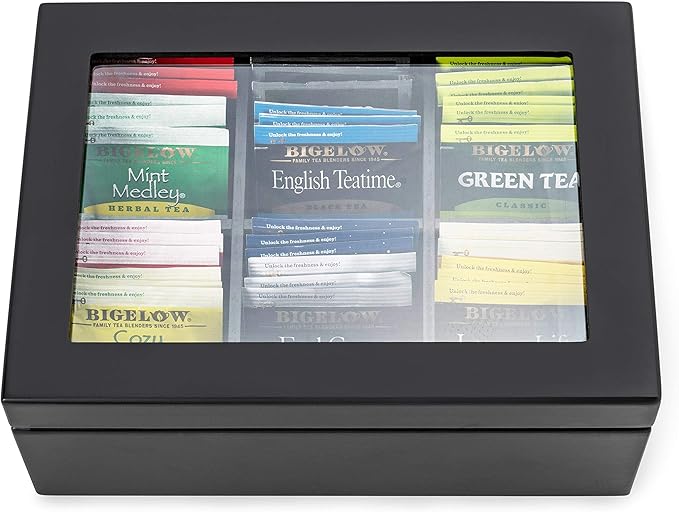 Break Tradition Wooden Tea Organizer For Tea Bags - 6 Compartments, Clear Top Window, Lid Stays Open (Black)