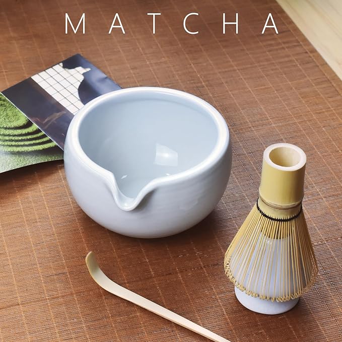 Artcome 7 Pcs Complete Matcha Ceremony Kit for Tea Ceremony, Bowl with Pouring Spout, Whisk, Tea Scoop, Matcha Powder Strainer, Matcha Tea Set For Making Usucha, Koicha and Matcha Latte (White)