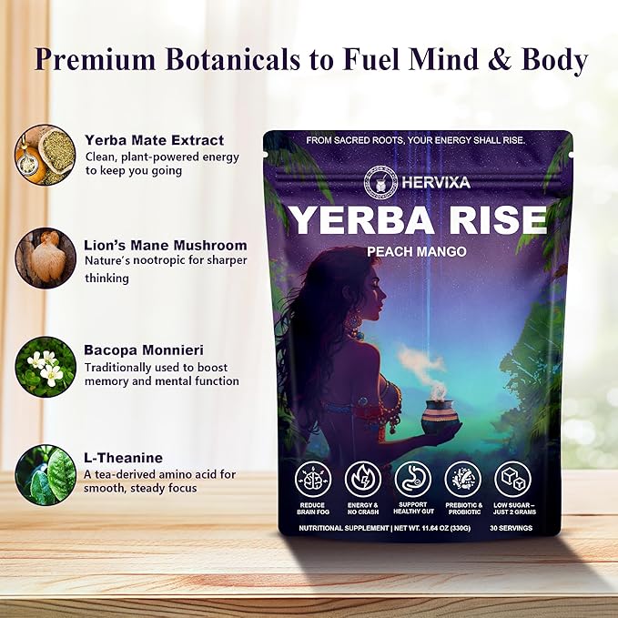 Yerba Mate Peach Mango Energy Tea Powder – Clean Plant-Based Focus Drink with Probiotics & Adaptogens – Low Sugar, No Crash, Smooth Taste – 30 Refreshing Servings