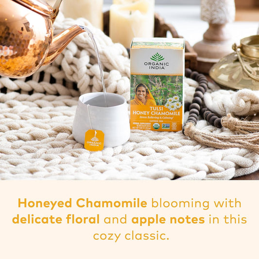 Organic India Tulsi Honey Chamomile Tea Bags - Herbal Tea for Stress Relieving & Calming, Immune Support, Adaptogen, Gluten-Free, USDA Certified Organic, Caffeine-Free - 18 Infusion Bags, 6 Pack | Herbal Tea for Stress Relieving & Calming, Immune