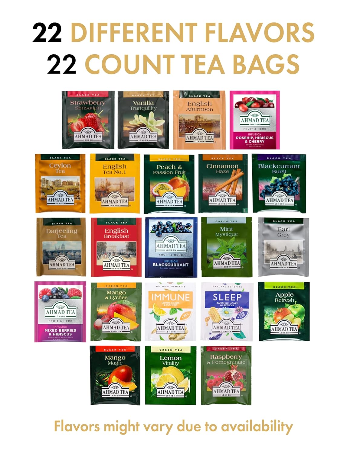 Ahmad Tea Sampler Assortment, Variety Pack (22 Count), 22 Unique Flavors of Tea