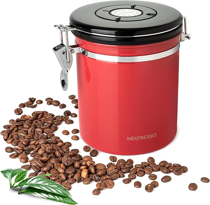 Mixpresso 16 Oz Red Coffee Canister, Stainless Steel Airtight Coffee Container, Air tight Jar Tea St
