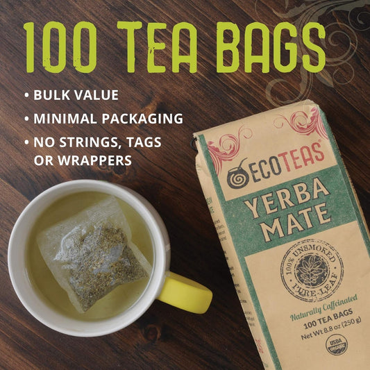 ECOTEAS Organic Yerba Mate Tea Bags Unsmoked 100 Count 8.8 oz Pack of 2 | Organic unsmoked 100 ct pack of 2 200 servings, USDA organic kosher non-GMO, low acid naturally caffeinated