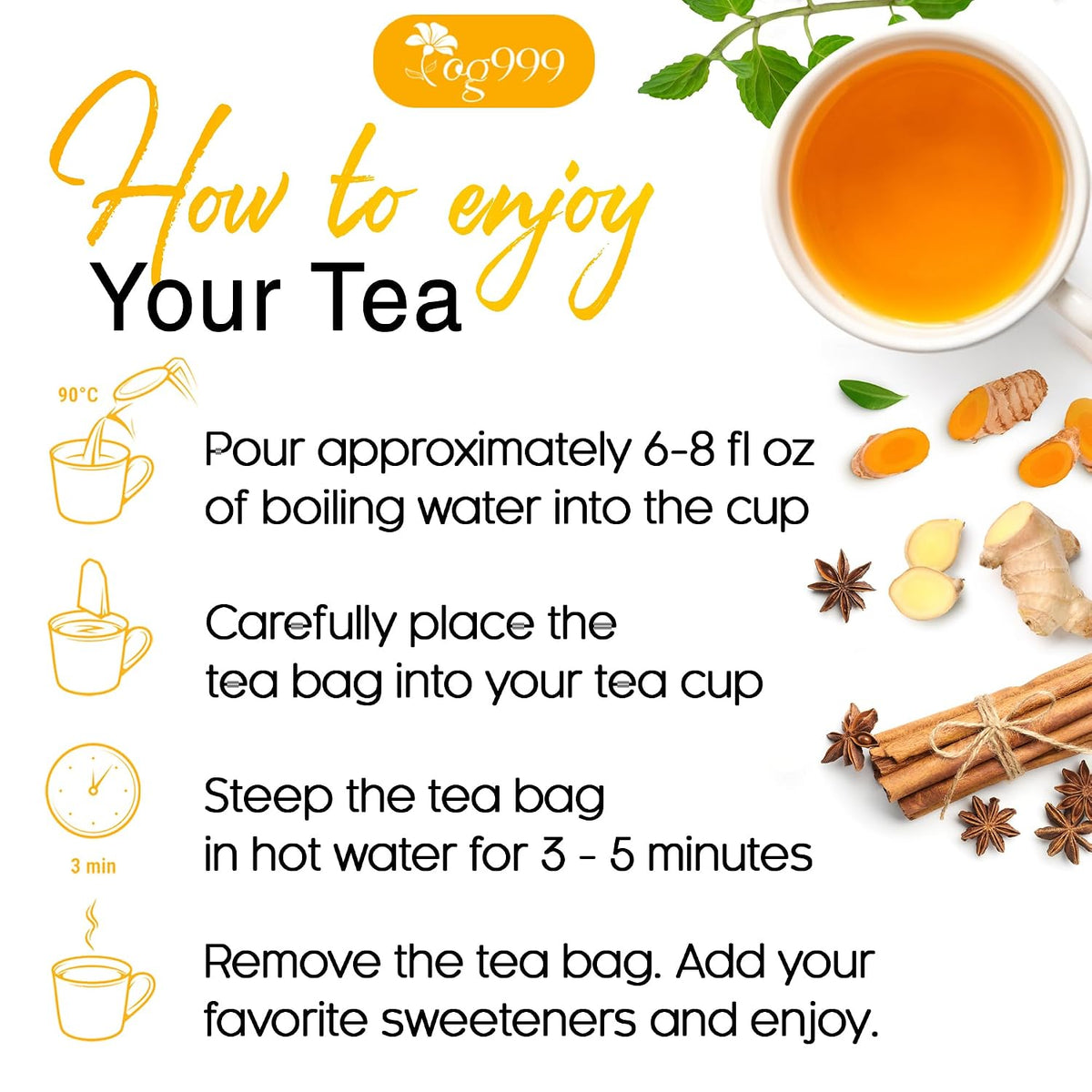 TOG999 Herbal Turmeric Ginger Cinnamon Tea Bags, 20 Count