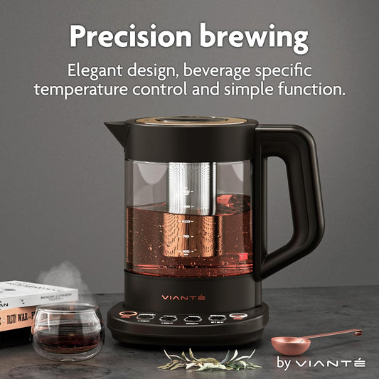 Viante Alba Electric Tea Kettle With Infuser, No Plastic, 1.5L, Black | Borosilicate glass & 304 stainless steel construction. 4 temp presets, keep-warm, cordless, auto shut-off