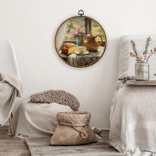 XPH Abstract Vintage Teapot Bread Round Wall Art Framed, Antique Coffee Cup Floral Circle Wall Decor, Rustic French Country Hanging Canvas Prints for Home Kitchen Decoration, 10x10 Inch