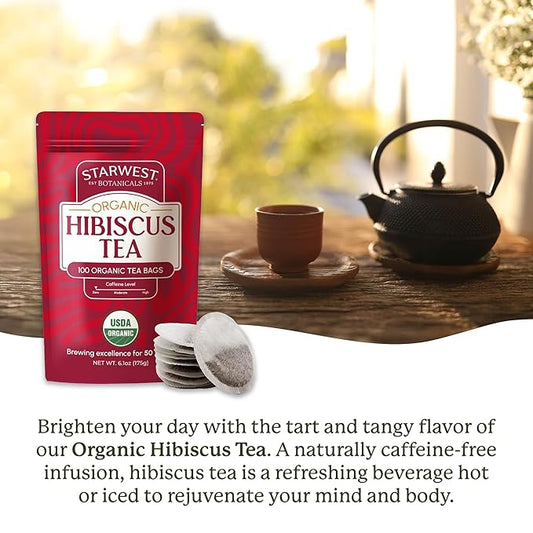 Starwest Botanicals Organic Hibiscus Tea - Caffeine Free Herbal Tea, Tea with Antioxidant Properties, String Free Sachets