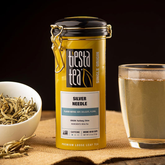 Tiesta Tea Silver Needle White Tea – Premium Loose Leaf | Single-Origin from China, Pure Unblended Low-Caffeine Tea, Hot or Cold Brew, 2.5oz Refillable Tin, Brews 50 Cups