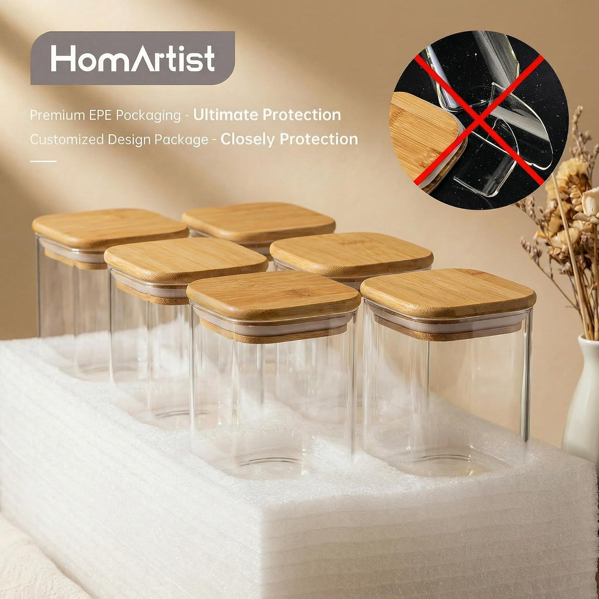 Square Glass Storage Containers with Bamboo Lids for Pasta & Flour, 5 Pack