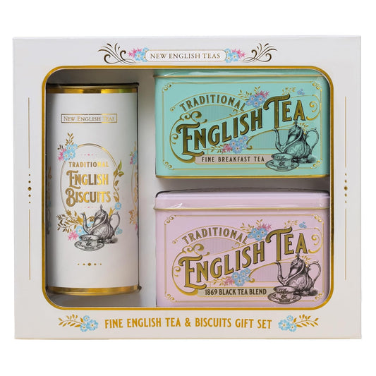 New English Teas Vintage Victorian Tea & Cookies Gift Set with 80 Fine English Teabags, 2 Tea Caddies and Luxury Cornish Cookies