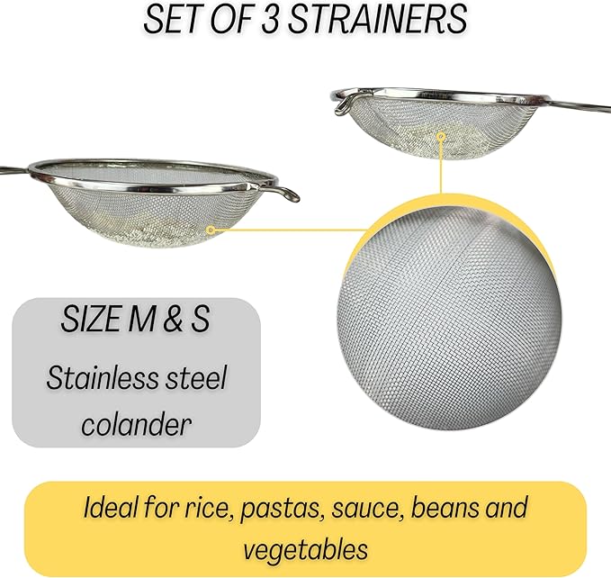Mesh Strainers - Stainless Steel Fine Mesh Strainer - Colander-Skimmer with Handle - Sieve Sifters for Food - Strainer Sieve - Set of 3 Kitchen Strainers