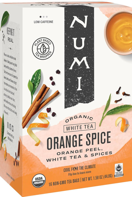Numi Organic Orange Spice, 16 White Tea Bags – Delicate Citrus & Warming Spices – Smooth, Antioxidant-Rich, Low-Caffeine