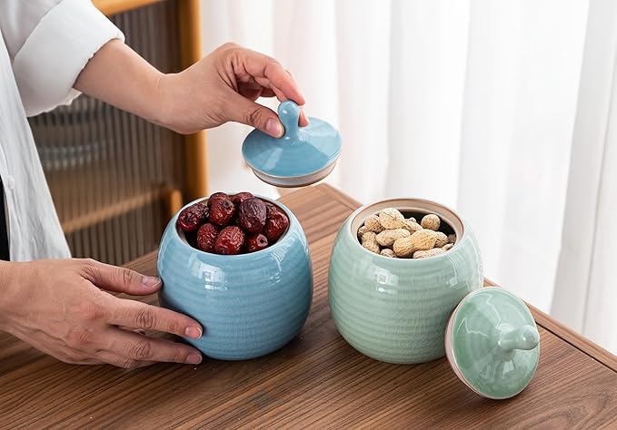 Kitchen Canisters Vintage Ceramic Food Storage Jar with Airtight Lid for Tea, Coffee, Herb, Sugar, Spice, Nuts (Blue(ICE))