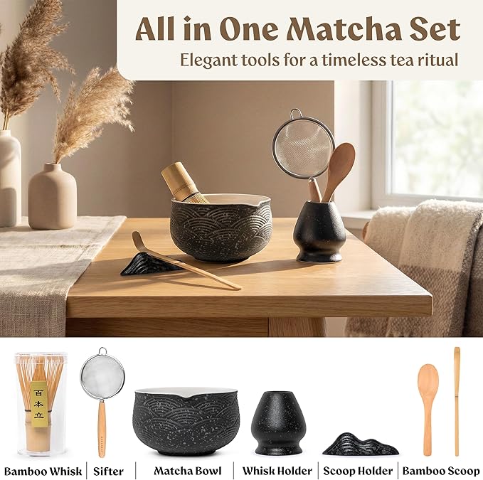 Matcha Kit Whisk Set (7 Pcs) - Complete Matcha Set, Matcha Bowl with with Bowl, Whisk and Holder, Bamboo Spoon/Scoop, Scoop Rester and Sifter incl