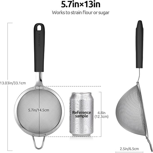 18/8 Stainless Steel Mesh Strainer: U-Taste 5.5 Inch Kitchen Fine Mesh Sieve Food Colander with Riveted Sturdy Silicone Handle and 30 Mesh Hole for Straining Flour, Pasta, Fruit, Quinoa (Black)