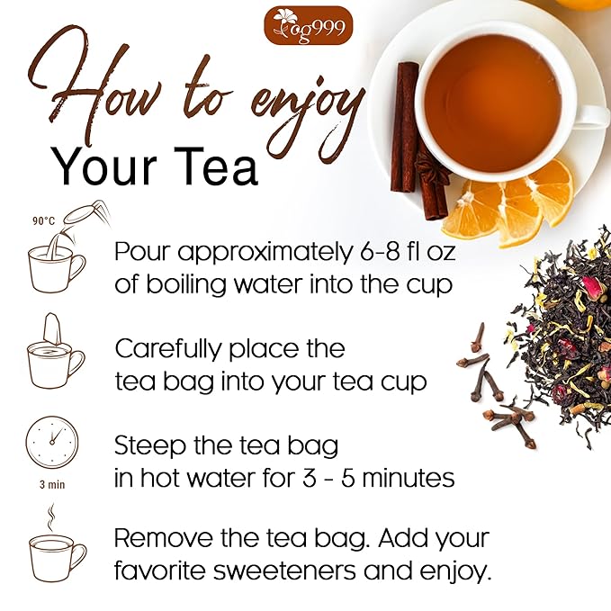 TOG999, 120 Tea Bags – Special Blend of Cinnamon, Black Tea, Orange Peel and Cloves, 100% Natural Ingredients, Hand-made Blend Herbal Tea. Eco-conscious Tea Bags. No Sugar, No Caffeine, No Gluten, Vegan.