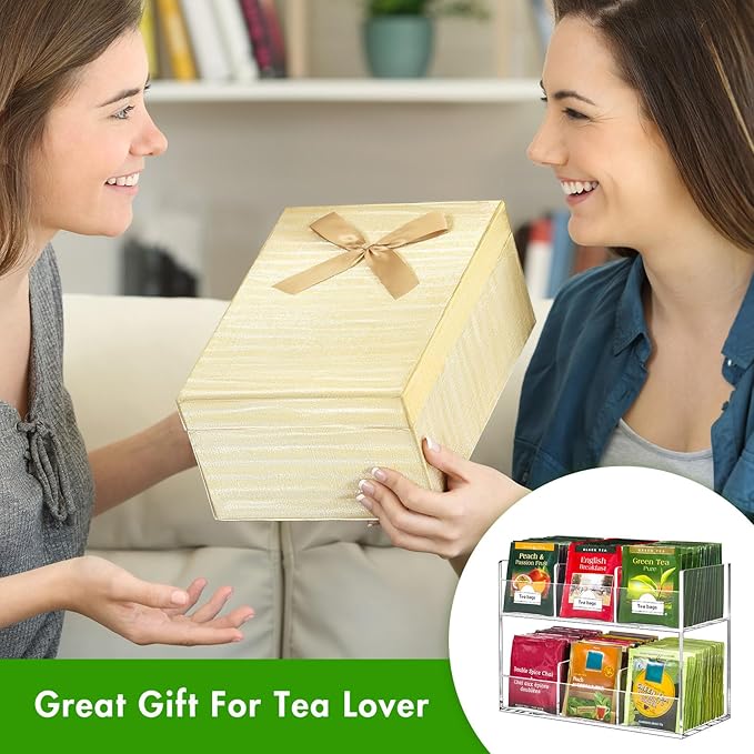 Beygorm Acrylic Tea Bag Organizer for Tea Packets, No Assembly Required Display Holder for Countertop, Vertical Tea Bag Caddy for Cabinet