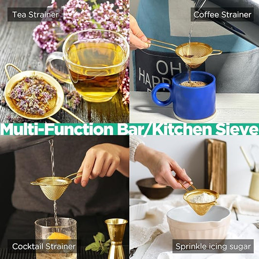 Homestia Fine Mesh Strainer for Kitchen, 304 Stainless Steel Sieve Sifters Cocktail Strainer for Food, Tea, Oil, Noodles, Coffee, Juice, Flour, Fruits, Vegetables - Easy to Clean Drink Strainer (Gold)