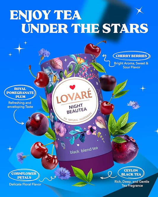 LOVARE Night Beautea Loose Leaf Tea 80 g - Made in Ukraine - Ceylon Black Tea, Cherry Berries, Cornflower Petals, Royal Pomegranate Plum Aroma - Tea Lovers Gift Box with 15 Paper Filters