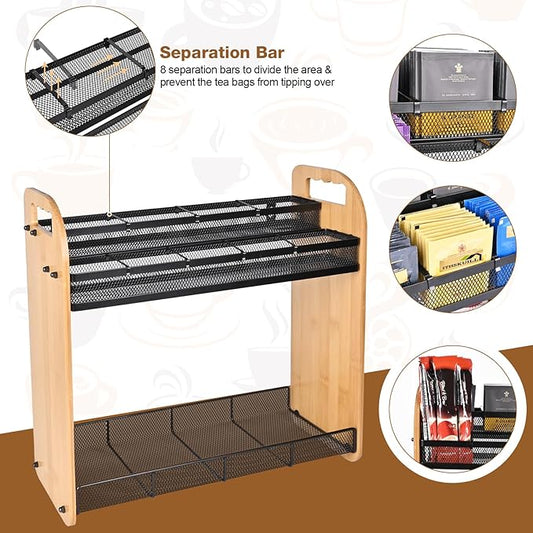Tea Bag Organizer, Large Capacity Tea Organizer for Tea Bags, Bamboo Multi-functional Storage Coffee Bar Accessories for Home Office Kitchen Counter