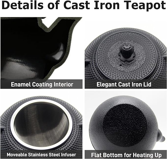 YJX 40.6oz Cast Iron Teapot Set with Warmer, Japanese Tea Set for Stovetop, 1200ml Black Tea Pot and Tea Cups Set