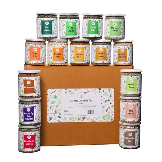 Assorted Loose Leaf Tea | 15 Delightful Herbs | Upto 900 Servings | 100% Raw & Natural | Add Health to your Soups, Smoothies, Teas and more | By Yogi's Gift®