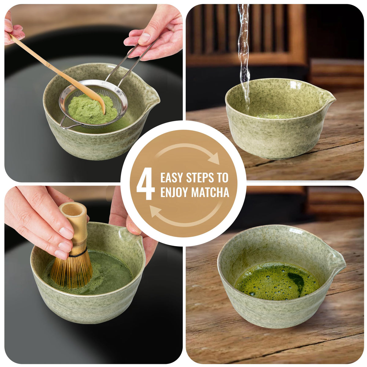 YIBO Matcha Whisk Set, Matcha Making Kit Whisk (Chasen Holder), Ceramic Whisk Holder (Mottled Green), Bamboo Scoop, Powder