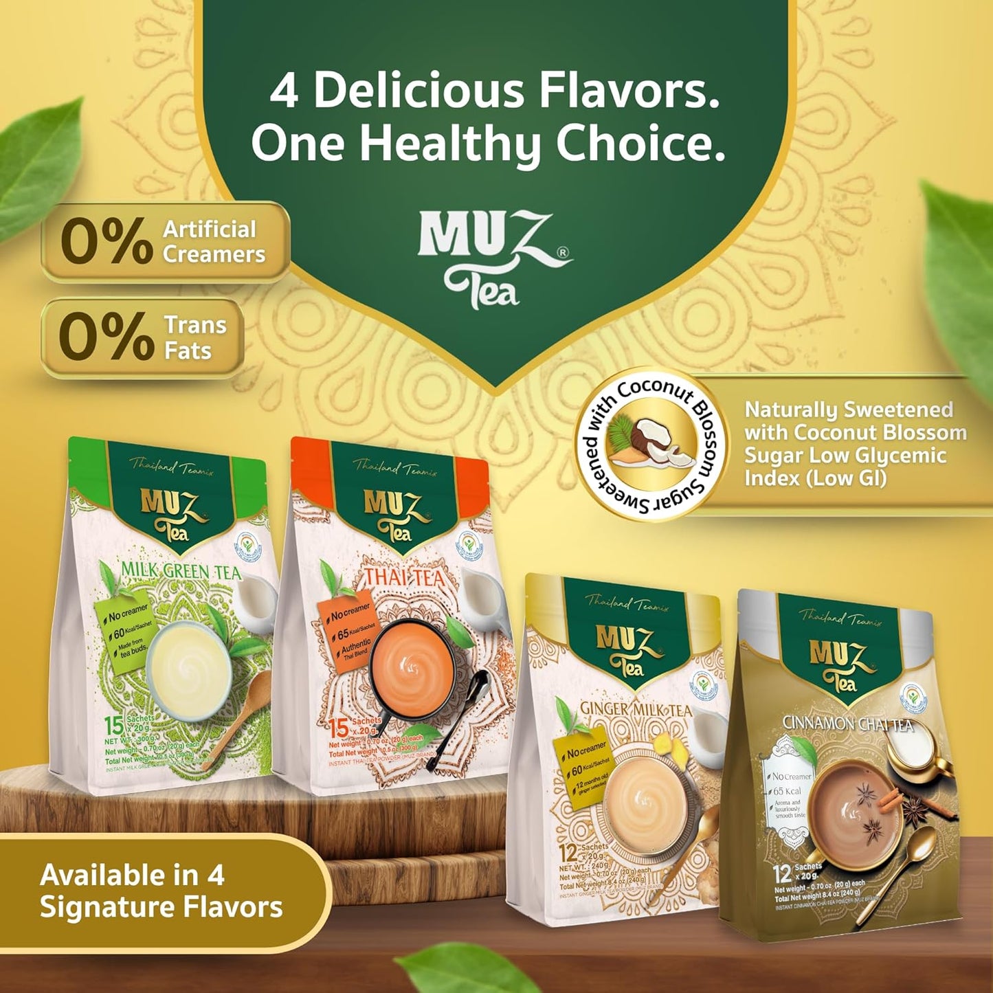 MUZ Tea Premium Instant Ginger Tea with Real Milk, Coconut Blossom Sugar & Ginger Powder, Low GI, No Creamers, 75 Calories, Thai Milk Tea Powder Mix – 12 Sachets, Just Add Water