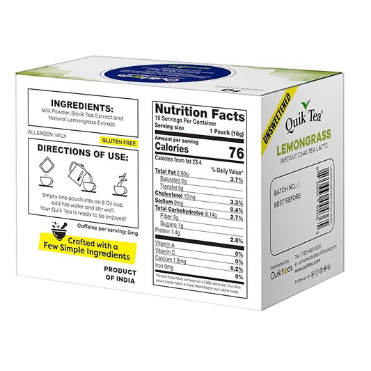 QuikTea Lemongrass Unsweetened Chai Tea Latte – 10 Count, Instant Herbal Blend with Natural Ingredients, Preservative-Free, No Sugar Added – Just Add Hot Water