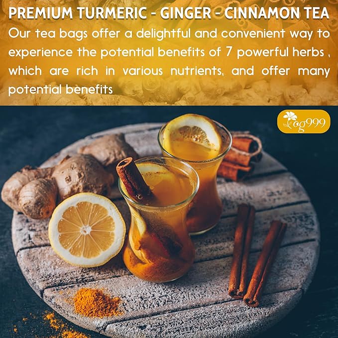TOG999, 60 Bags Premium Turmeric Ginger Cinnamon Tea. Upgraded Version. Improve Digestion, Support Brain, Weight, Skin and Sleep. Eco-Conscious Tea Bags. No Sugar, No Caffeine, No Gluten, Vegan.