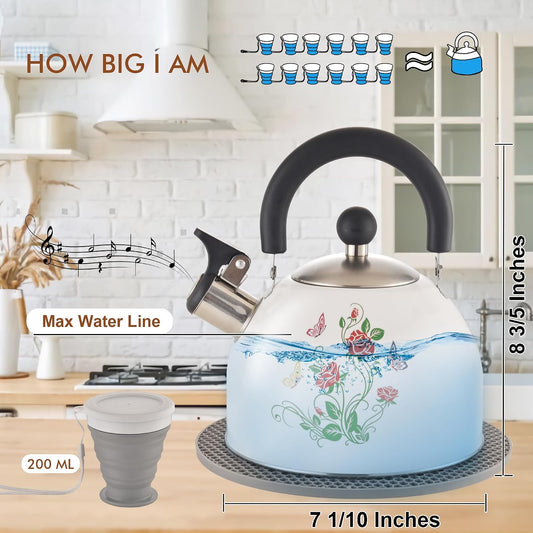 ARC 2 Quart Whistling White Tea Kettle with Magic Color Changing Design | Stainless Steel Stovetop Kettle Whistle Teapot with Folding Cup & Trivet Mat